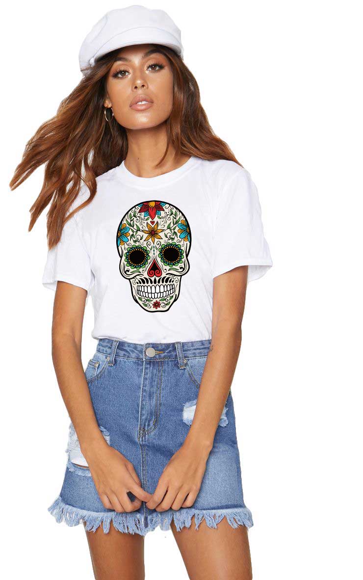 Tricou dama alb - Sugar Skull Colorful